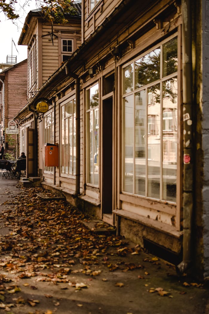 Charming wooden architecture and fallen leaves capture autumn in Tartu's streets.